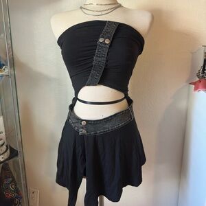 I AM GIA Black and grey denim cut out mini skirt and top set
